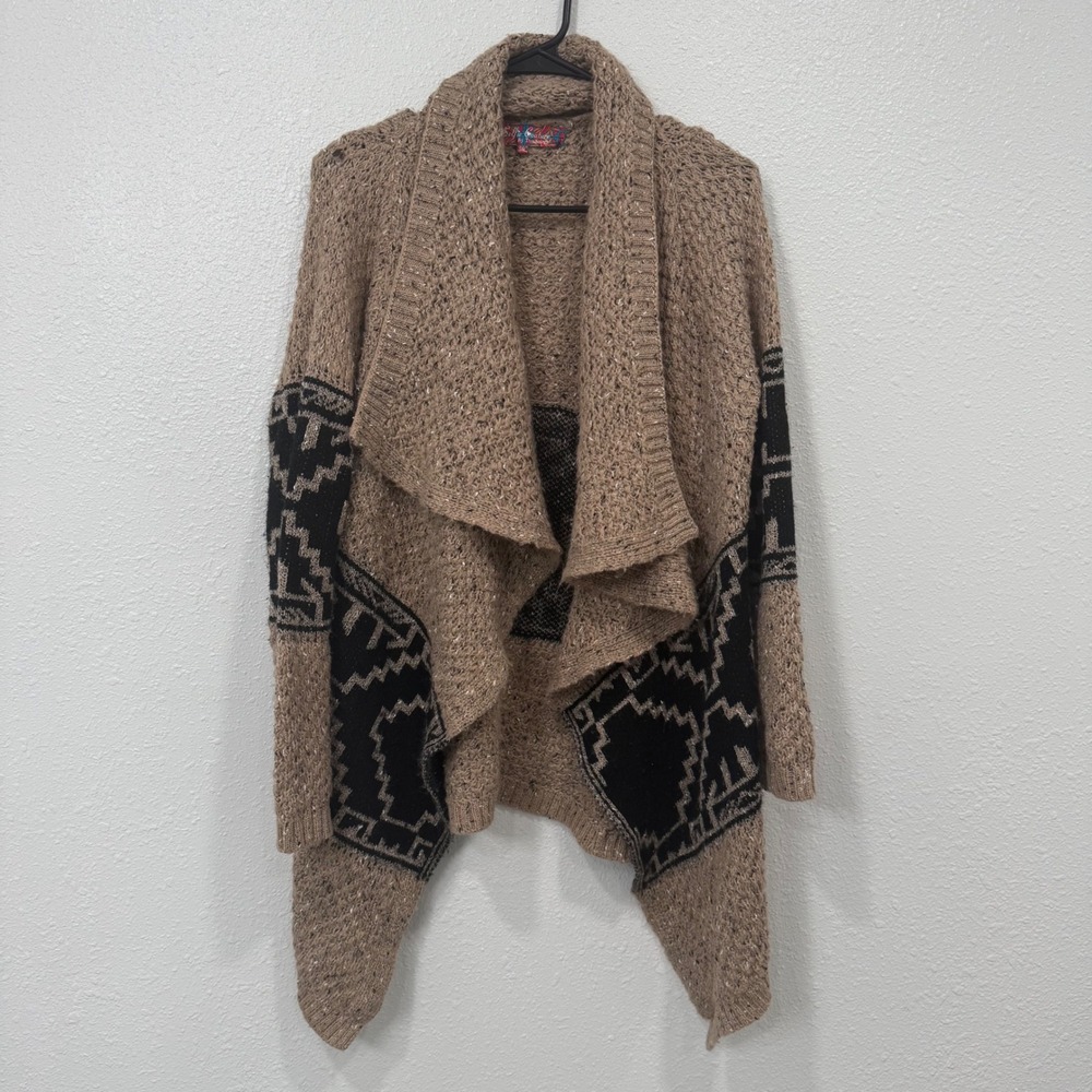 Selfie Couture Women Geometric Print Waterfall Cardigan Sweater S M Tan Black‎